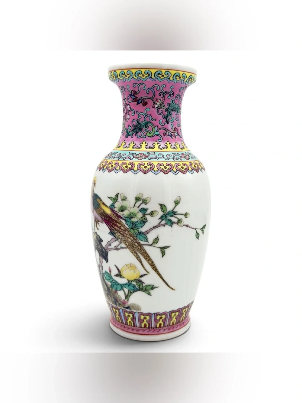 Vintage Chinese Porcelain Poem Vase Jingdezhen Famille Rose Peacock & Peony